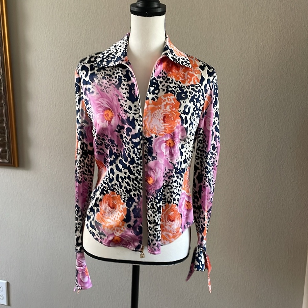 ST. JOHN silk floral leopard print blouse roses peony - Picture 5 of 17